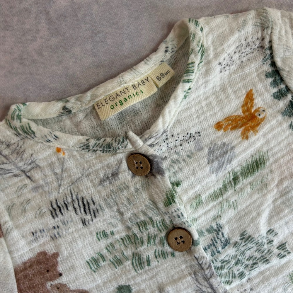 Elegant Baby Organics Woodland Muslin Romper 6-9M White Forest Print Bear Fox - Picture 3 of 7